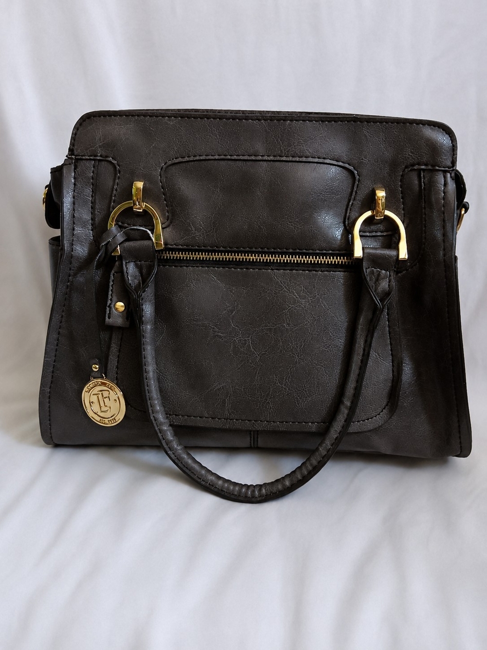LONDON FOG Charcoal Brown Satchel Tote Purse Handbag Gold Hardware 7 Pocket